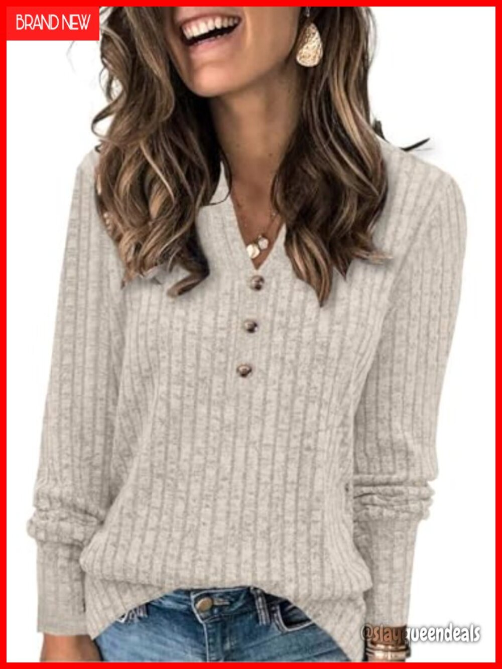 Henley Neck Long Sleeve Pullover Sweater Soft Stretch Fall Winter